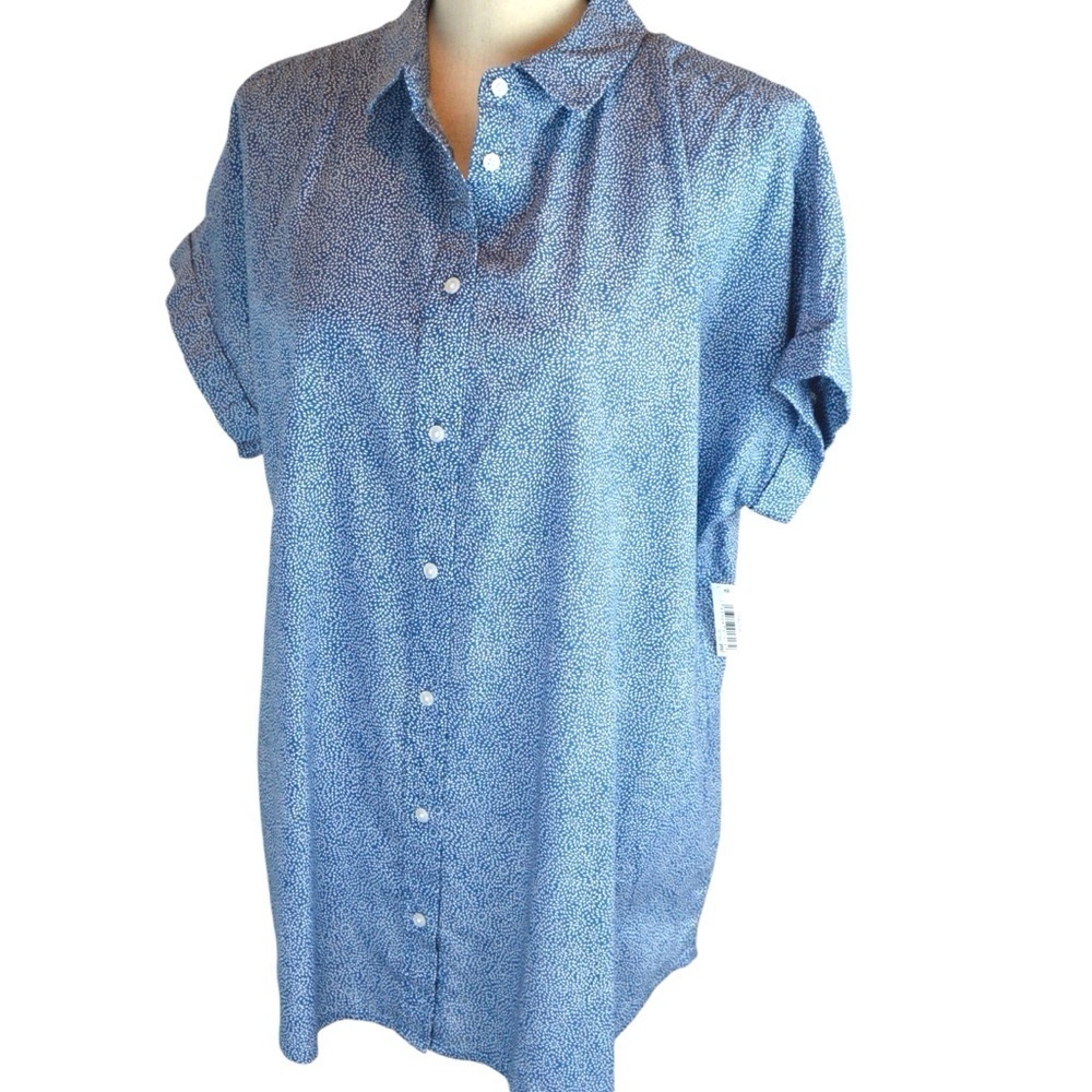 Goodthreads Cotton Short-Sleeve Tunic Button‎ Down Shirt, Indigo Floral - Large